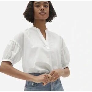 LEE MATHEWS White Cotton Puff Sleeve Mandarin Collar Pullover Top Size 2